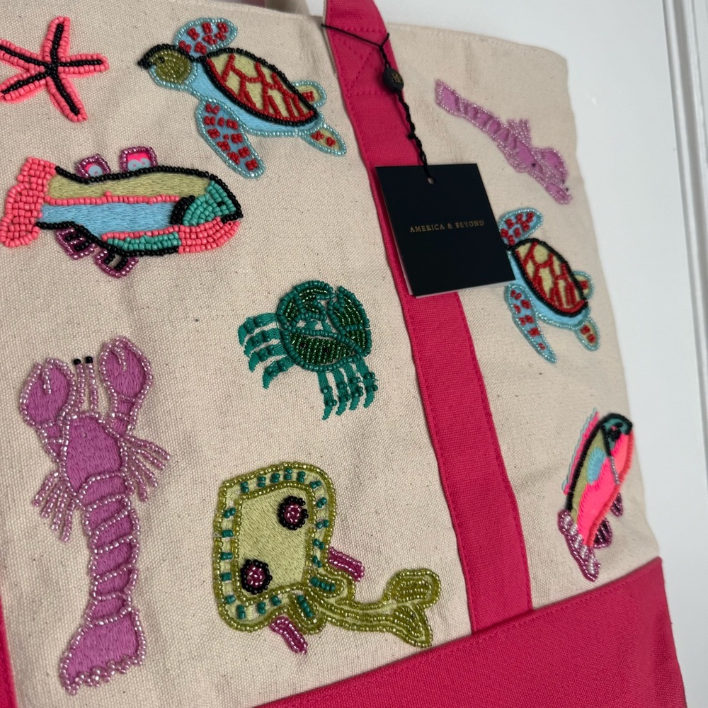 Underwater tales Pink and Cream Embroidered beaded Tote Bag boat bag - Picture 5 of 8